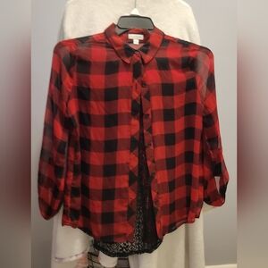 Red and Black Plaid Sheer Button-Up Shirt